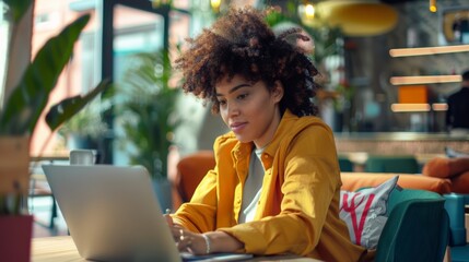 Focused woman works on laptop in a cozy cafe with plants and colorful decor, enjoying creative office vibes and inspiration.