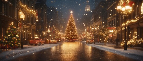 A Christmas tree is lit up in the middle of a city street
