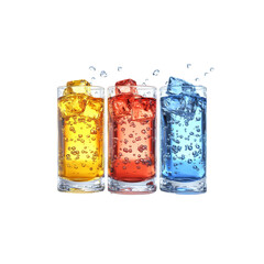 Three Glasses of Refreshing Colorful Carbonated Drinks with Ice Cubes