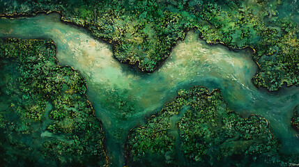 Aerial view of congo river meandering through lush green mangrove swamps digital painting