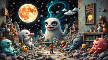 Pomysłowa i surrealistyczna scena łącząca nieoczekiwane elementy. Losowe obiekty, stworzenia i miejsca łączą się w efektowną wizualnie, żywą kompozycję. Mieszanka realizmu i fantazji.