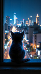 Kotek siedzi na balkonie, wpatrując się w rozświetlone miasto nocą. W tle widok na wieżowce i latarnie uliczne. Magiczna i spokojna atmosfera. 