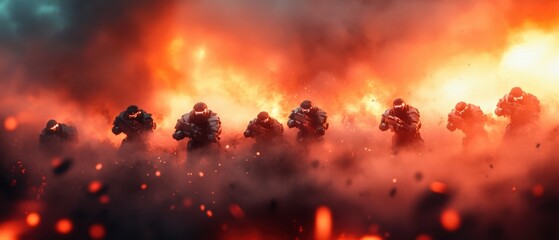 a group of futuristic soldiers advancing through a fiery battlefield