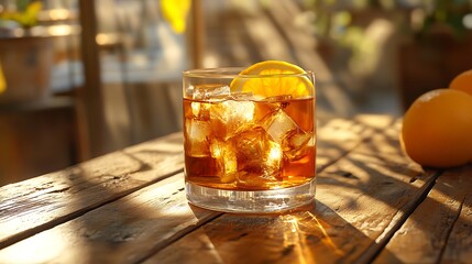 A glass of chilled liqueur filled with ice cubes and vibrant citrus slices, placed on a rustic wooden table, with the sun shining brightly, casting playful shadows,