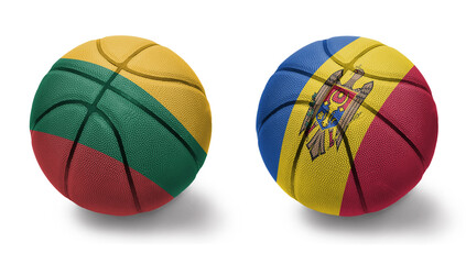 basketball balls with the national flags of moldova and lithuania on the white background.
