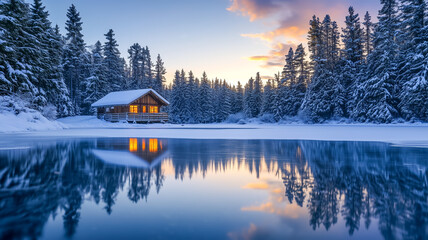 Cozy cabin by a snowy lake surrounded by winter forest at sunset