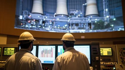 Two engineers check the power plant's operating parameters on monitors