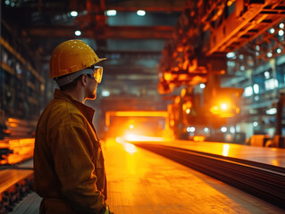 Pracownik huty w kasku, przemysł stalowy