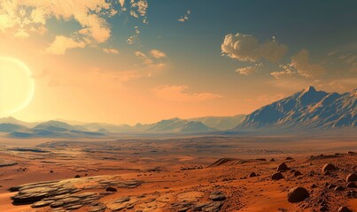 Mars: a barren landscape with a rocky desert under the cosmic sky, Generative AI