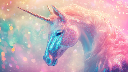 Glimmering unicorn amidst colorful background creates a magical atmosphere