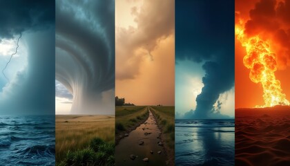 Extreme weather collage shows hurricane tornado flood wildfire. Climate change impact. Global warming crisis. Natural disaster art. Earth destruction. Futuristic illustration. Abstract modern design.