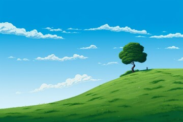 Greenery Style Azure and Green Hilltop Tree Scene