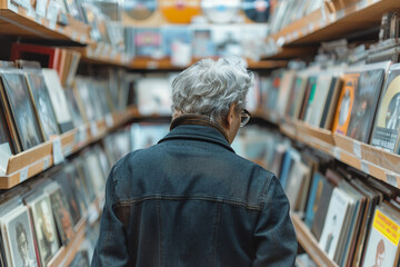Person look vinyl records in retro music store, surrounded by various music genres classic CDs tapes vintage musical instruments, Generative AI