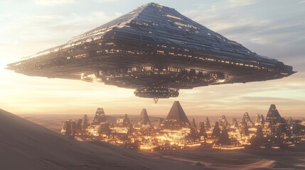 Techno-Pharaoh's Arrival: Futuristic Pyramid Spaceship in Glowing Egyptian Cityscape | Ultra-Detailed Sci-Fi Artwork Combining Ancient Mystique and Modern Technology