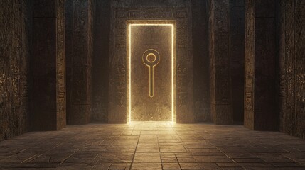 Illuminated Gateway: Future Ankh Key Unlocks Advanced Temple Chamber in Photorealistic Ancient-Egypt Style
