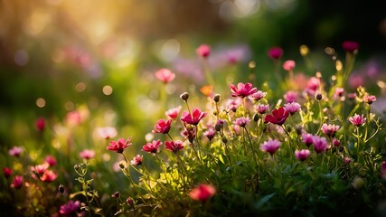 Tętniąca życiem i spokojna łąka pełna delikatnych kwiatów polnych, oddająca naturalne piękno i spokój słonecznego wiosennego lub letniego dnia.