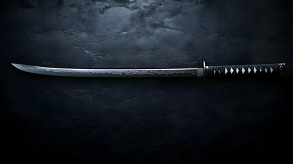 Elegant Katana Sword on Dark Background, A Sleek, Ornate Blade Resting on a Textured Surface, Exuding a Sense of Mystery and Ancient History.