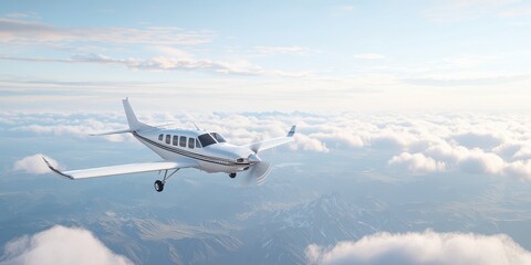 A small airplane soaring above fluffy clouds on a bright sunny day.