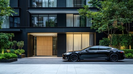 A sleek black car parked outside a high-rise luxury condominium, with modern architecture in the background.