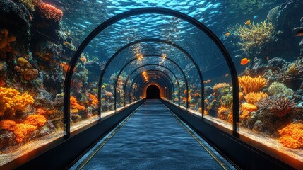 Underwater tunnel aquarium with vibrant coral reefs and diverse fish species.