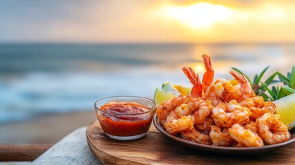 Fried Shrimp with Cocktail Sauce on Wooden Platter