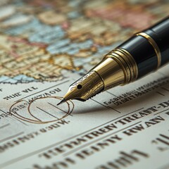 Elegant Fountain Pen Resting on Ancient Map with Global Exploration