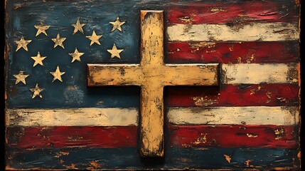 A textured artwork combining the American flag with a central cross symbol.