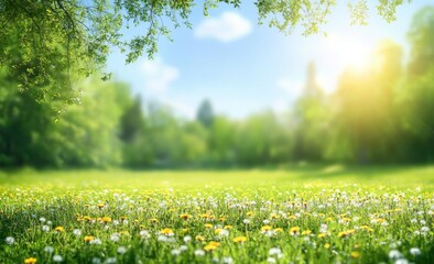 Lush sunlit meadow with blooming wildflowers green grass and blue sky on a tranquil spring day