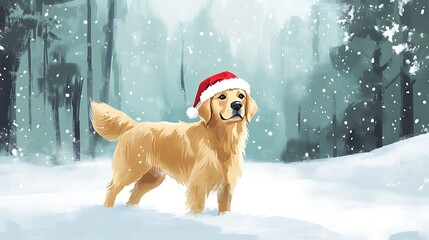 Cute golden retriever dog wearing a red Santa Claus hat in a snow falling sky scene, set in a winter forest landscape for Christmas holidays, perfect for a Christmas card