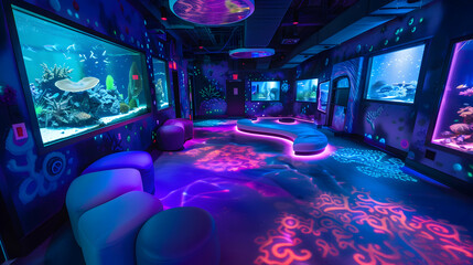 A vibrant underwater-themed room with glowing decor and aquarium displays.