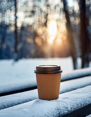 Steaming coffee cup sitting on snowy bench in winter park at sunset