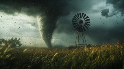 A tornado moving across a prairie with a small herd of cows running for shelter, the scene captured in photorealistic