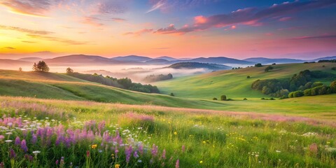 Serene sunrise over rolling hills and vibrant wildflowers in a picturesque meadow