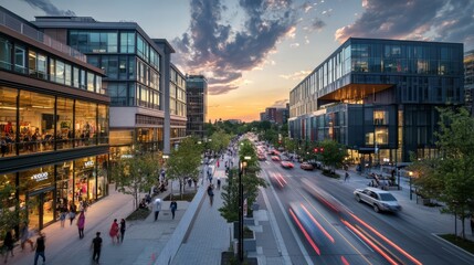 Urban Sunset Boulevard: A vibrant cityscape at sunset, showcasing modern architecture, bustling streets, and pedestrian walkways. The image evokes a sense of urban energy and sophisticated living. 