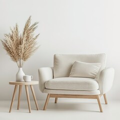 A cozy armchair with a throw pillow and a side table with a cup of coffee in a minimal living room.