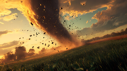 Cinematic 3d rendering of a massive tornado barreling across a rural farmland landscape viewed from an oblique low angle perspective. Oblique. Illustration