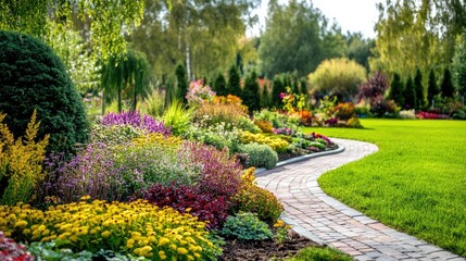 Vibrant autumn garden landscape featuring a variety of colorful flowers and plants in a well-designed park setting with a curved path.