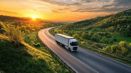 White semi truck driving on scenic highway at golden sunset with dramatic mountain landscape. Beautiful transportation image showing logistics journey through winding road and lush green valley