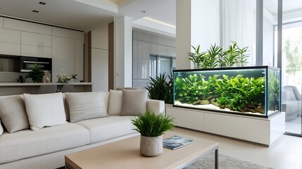 Contemporary Living Room with Integrated Glass Fish Tank Centerpiece and Lush Aquatic Decor