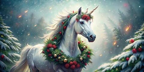 Snowflakes dance around a fantastical unicorn within a sparkling Christmas wreath; pure enchantment.