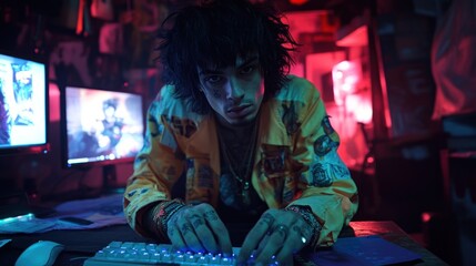 Focused young man hunched over a computer keyboard in a dimly lit, stylized room.