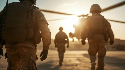 Silhouetted soldiers in military gear walking towards a helicopter in the dawn light, symbolizing duty, camaraderie, and the commitment of military life.