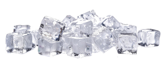 A pile of small ice cubes, neatly arranged and isolated on a white background, showcasing