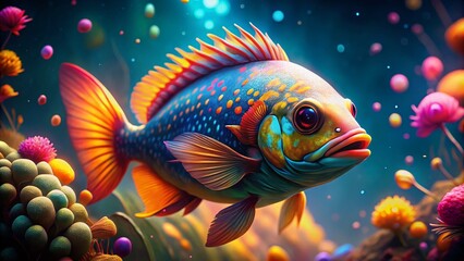 Stunning 3D Fish Photo: High Depth of Field Underwater Scene, Realistic Aquarium Fish, Detailed 3D Render, Aquatic Life Photography