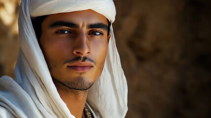 A man in traditional Egyptian costume with a white veil and a fez, reflecting the ancient culture of Egypt
