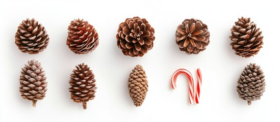 Christmas flat lay composition featuring a candy cane and pine cones on a white background with space for festive text and decoration ideas