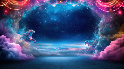 Circus theme with magical unicorns fantasy landscape and copy space for banner background