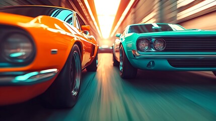 Two classic cars, one orange and one turquoise, race through a vibrant, illuminated corridor, capturing the essence of speed and nostalgia.