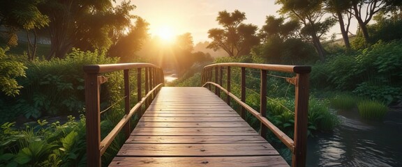 Wooden bridge with lush greenery passing over the river at sunset , nature, warm, river