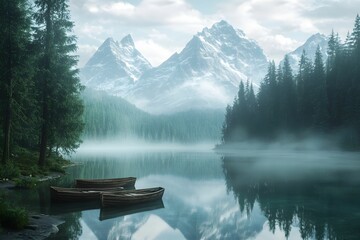 jezioro, góry, poranek, mgła, sosny, lustro wody, natura, odbicia, spokojna woda, podróże, krajobraz górski, cisza, relaks, krajobraz naturalny, malownicze widoki, trzcinowisko, błękitne niebo, widok 